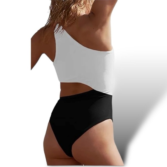 One Piece One Shoulder Cut Out Ribbed Midriff Cut-Out Swimsuit Black/Whi… - Picture 2 of 12